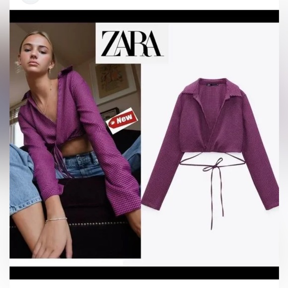 M // Zara Purple Black Houndstooth Long Sleeve Tie Hem Collared Wrap Crop Top - Picture 2 of 11